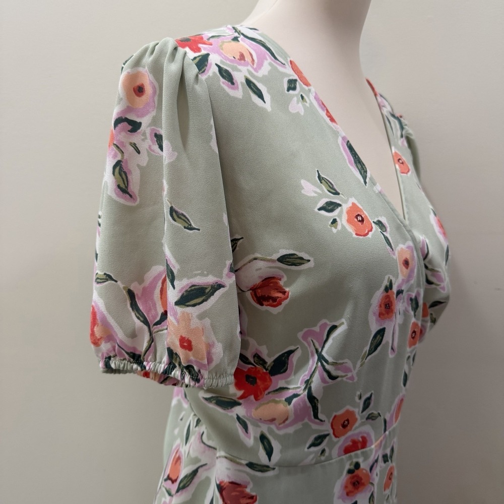 LC Lauren Conrad Size Large Sage Green Floral Faux-Wrap Midi Dress Cottagecore - Picture 4 of 15